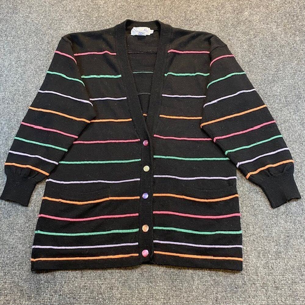 Vintage 80s Sweater Bee Banff Rainbow Stripe Black Cardigan Sweater Women Medium